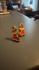 Vintage Avon Red Christmas Stocking candy cane Gold Tone stud enamel Earrings