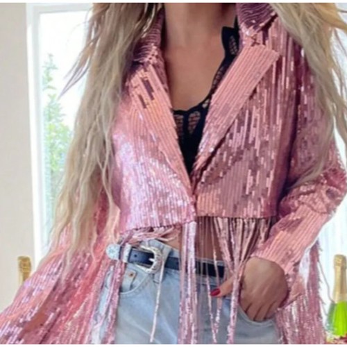 Nasty Gal Candy Pink Sequin Cropped Tassel Fringed Blazer Jacket NWT Size 12
