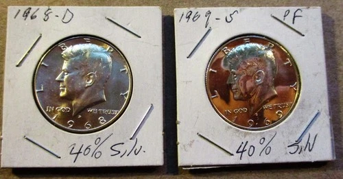 1968-D & 1969-S JOHN F. KENNEDY SILVER HALF DOLLARS. UNCIRCULATED AND PROOF.