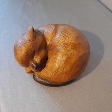 Vintage Adorable Brown Wooden Curled-up Sleeping Cat Ornament Fabulous Gift, VGC