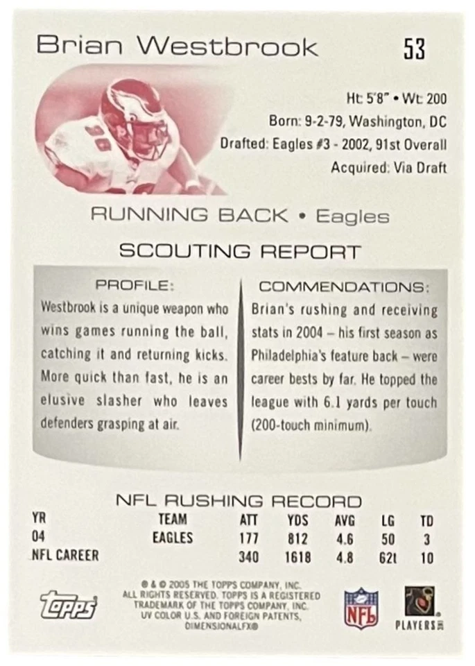 2005 Topps Draft Picks & Prospects Chrome #53 Brian Westbrook Eagles - Image 2 of 2