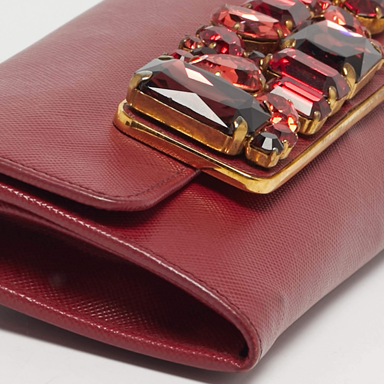 Prada Dark Red Leather Crystal Embellished Flap Continental Wallet thumbnail 9