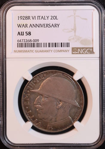 1928 Italy Vittorio Emanuele III 20 Lire - NGC AU58! WW1 Anniversary, Superb! PQ