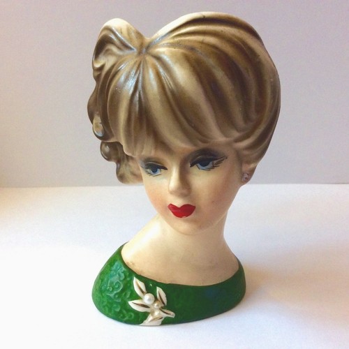 Vintage Lady Head Vase NAPCOWARE 1950s JAPAN Red Lips Pearls Hand Painted WOW! - Picture 3 of 7