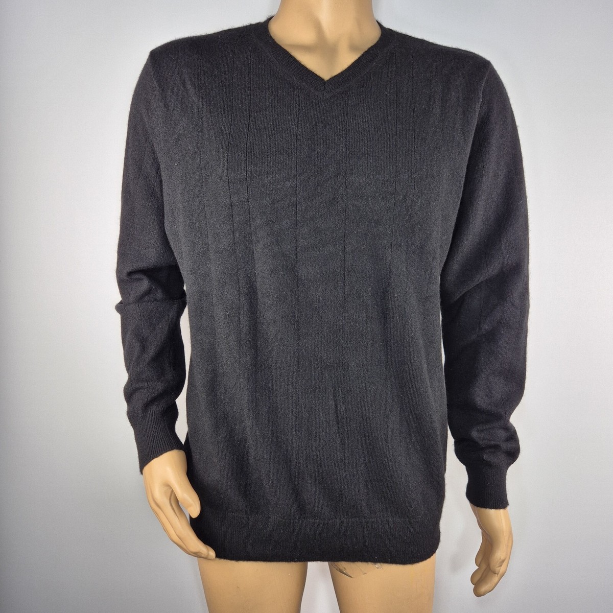 Men's Sweater Size L Black Long Sleeve V-Neck Cashmere (44