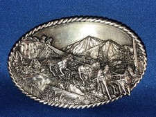 Vtg Stagecoach Bergamot pewter oval belt buckle, Siskiyou Buckle Co. 3 1/8" X 2"