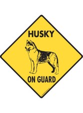 Warning Husky On Guard - Beware Dog Exterior Aluminum Dog Sign or Vinyl Sticker
