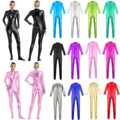 Women's Leotard Shiny Bodysuit Mock Neck Jumpsuit Bodycon Catsuit Athletic Sexy