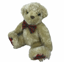 Vintage Holiday Teddy Bear Stuffed Plush Bow Tie Plaid Feet Curly Fur Christmas
