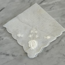 VTG Solid White Sheer Nylon w/Embroidered Florals Scalloped Trim Hanky Delicate
