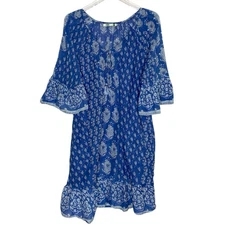 Dolma M Womens Floral Blue Nysa Dress Knee Length Ruffle 100% Cotton