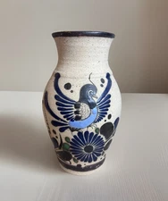 Vintage Mexican Folk Art Vase Bird Flower Signed Pottery Hand Painted 8.5”