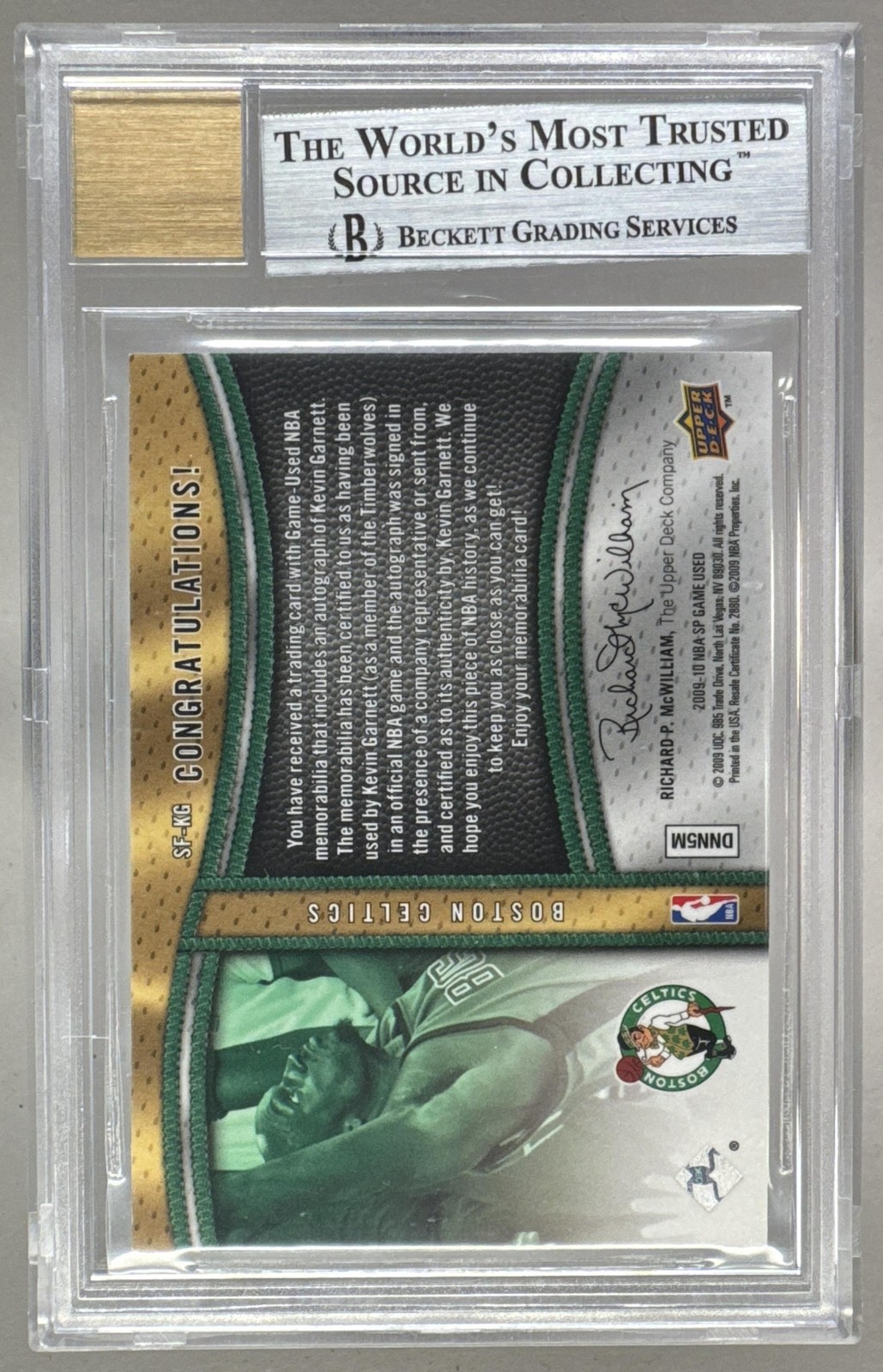 Kevin Garnett 2009 SP Game Used #SF-KG Signature Fabrics Patch Auto BGS 9/10 view 2