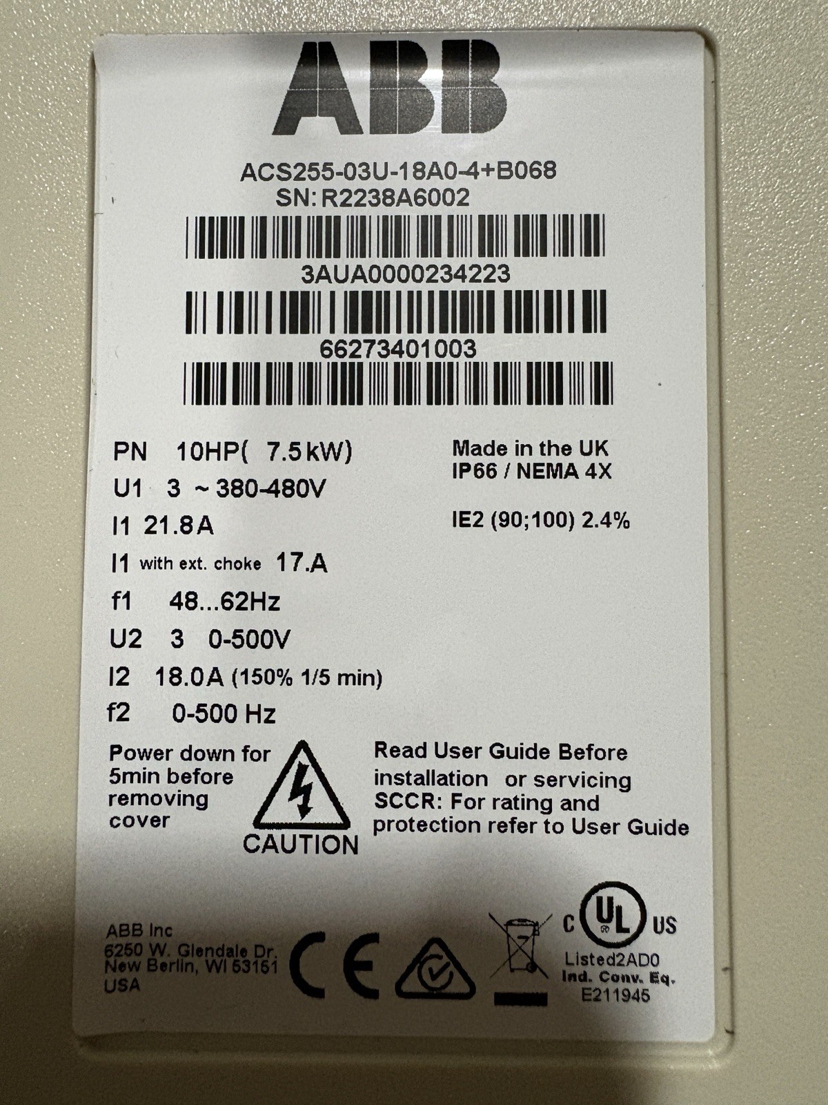 ABB ACS255-03U-18A0-4+B068 Variable Frequency Drive 10HP 7.5kW 380-480V IP66 3-…