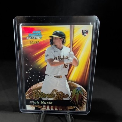 2025 Bowman Chrome Meteoric Rise Nick Kurtz #MR-7 Gold Refractor /50 (RC).   ROY