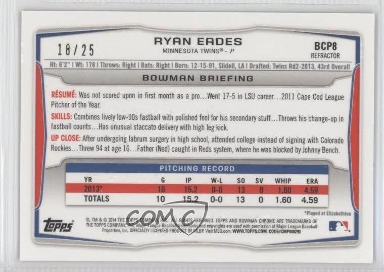 2014 Bowman Prospects Chrome Orange Refractor /25 Ryan Eades #BCP8 - Image 2 of 2