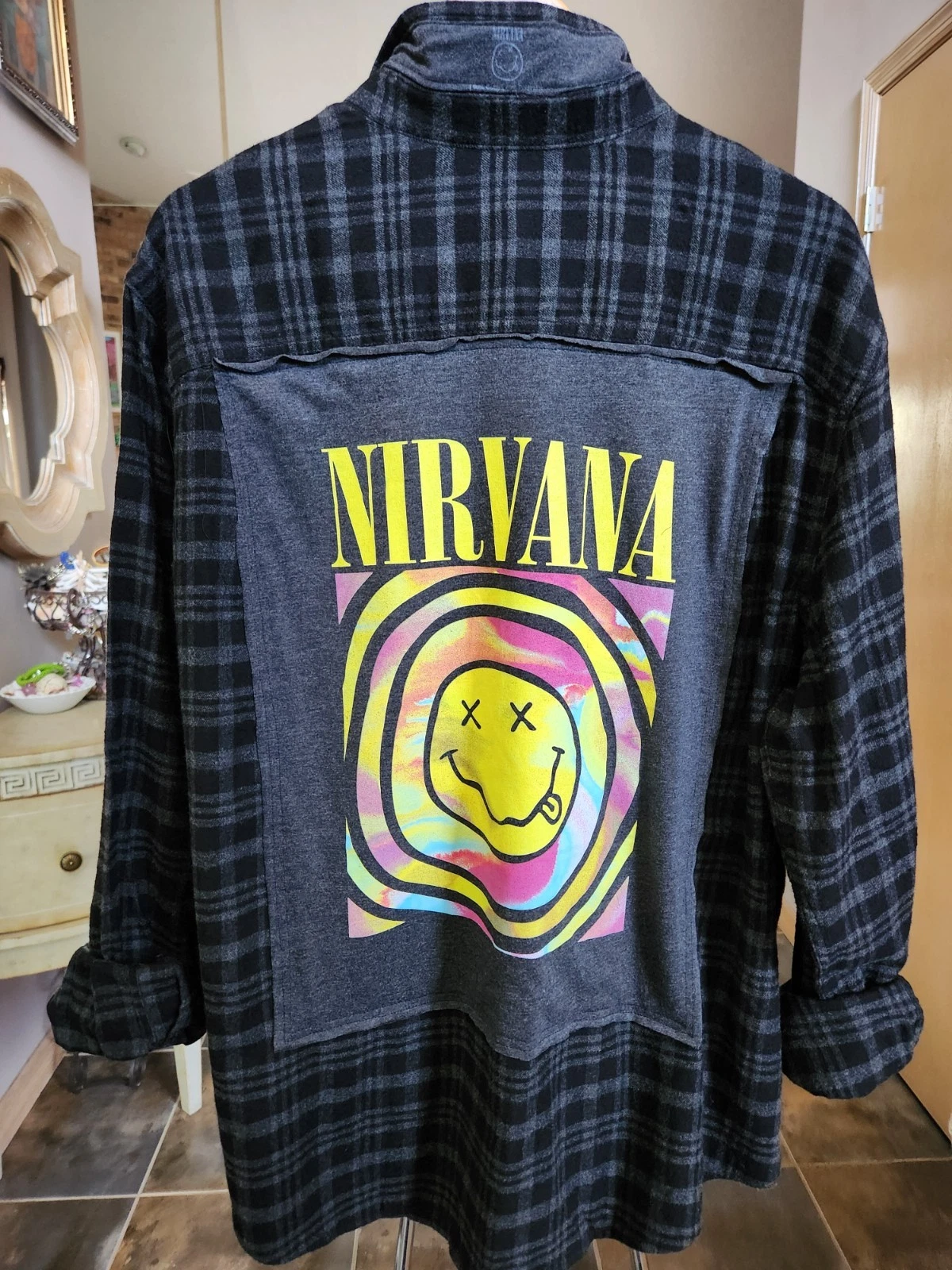 UPCYCLED NIRVANA Flannel Custom Psychedelic Grunge Smiley Face Charcoal Gray 2XL