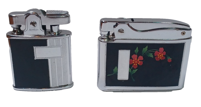 Lot of 2 Ronson Princess + Adonis Floral Black Enameled Pocket Lighters JGBX28