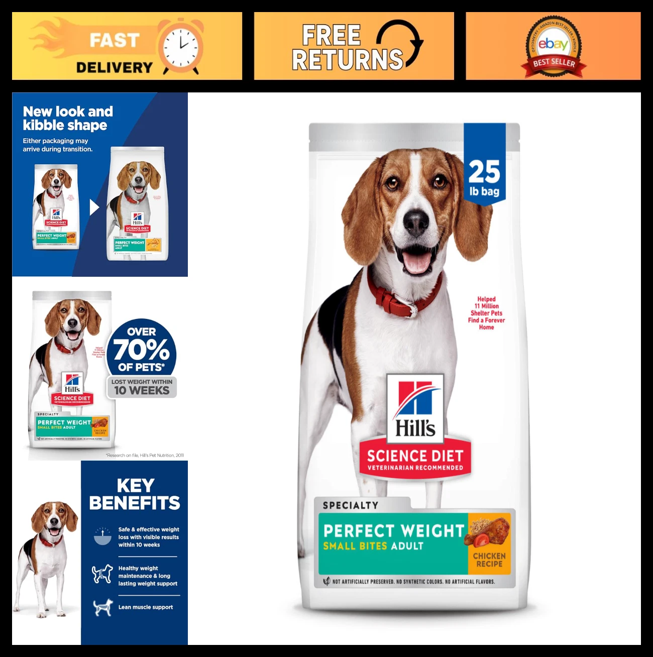 Adult Perfect Weight Small Bites Dry Dog Food, Chicken Flavor, 25 lb Bag