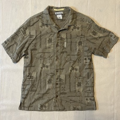 Columbia River Lodge Shirt Men's Large Green Printed Cotton Pocket Short Sleeve