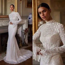 High Neck Mermaid Wedding Dresses Appliques Flowers Lace Backless Bridal Gowns