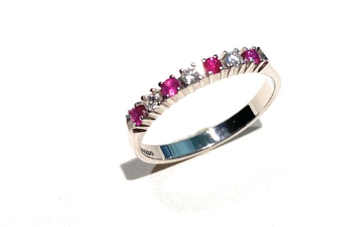 Anello Veretta Rubini Naturali Diamanti Oro Bianco 18kt Rodio bianco - Foto 3 di 8