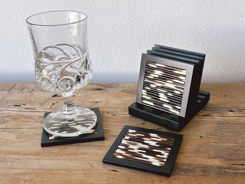 6 Piece Vintage Genuine Porcupine Quill Coaster Set with Holder