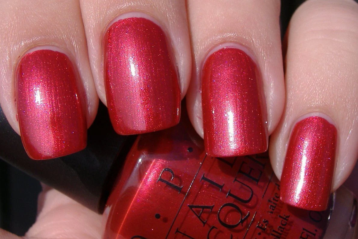 OPI 90210 PRETTY PRIVILEGED Red Shimmer w Pink Fleck Nail