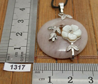 Natural PINK QUARTZ QUARTZ & Carved White Flower Donut Pendant + Adjustable Cord