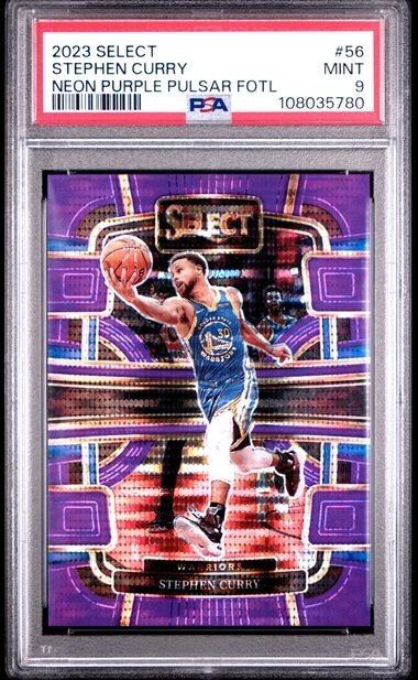 Stephen Curry PSA 9 2023 Panini Select FOTL Concourse Neon Purple Pulsar /5 #56