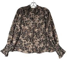 Grade Gather Womens S Black Paisley Print Long Sleeve Button Front Blouse