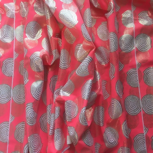 Orange Spandex with Gold Foil on White Circles Fabric - 32"repeat ~ 7/8 yd - Picture 5 of 6