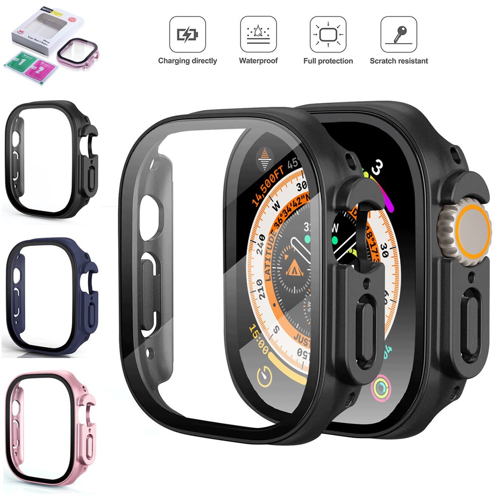 For Apple Watch Ultra/2 49mm Full Tempered Glass Screen Protector PC Case Cover