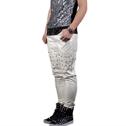 Hombres Mojado Look Imitación Cuero Pantalones con Tachuelas Showman Club Nocturno Pantalones Disfraz - Imagen 9 de 17