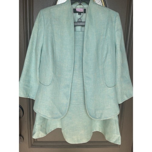 KASPER Linen Skirt Suit Women 12 Light Aqua Open Front Blazer 3/4 Sleeve Tulip - Picture 2 of 24