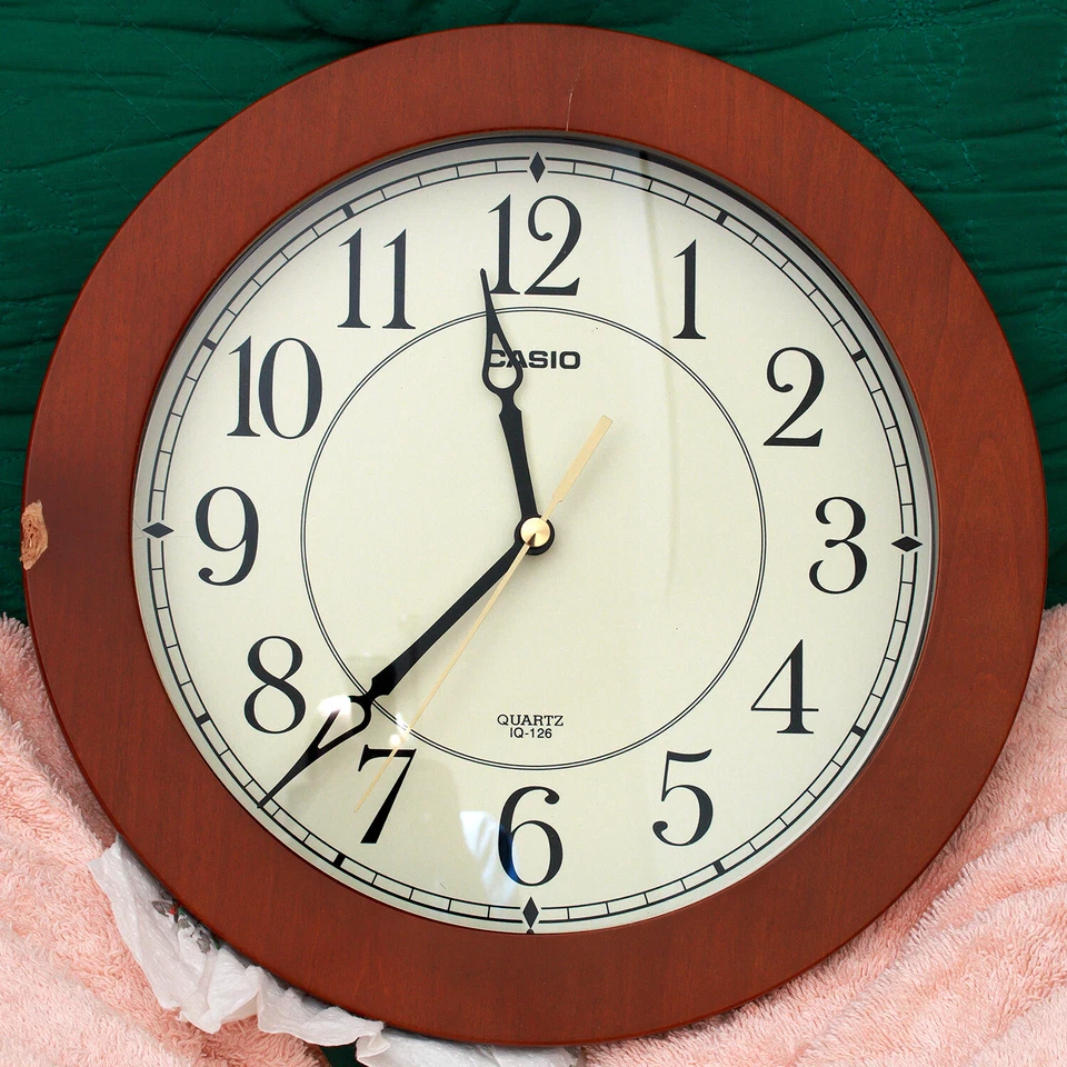 Casio IQ-126-5D Round Wood Frame White Face Easy to Read Wall Silent Clock New - Image 2 of 3