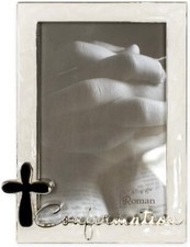 Roman Confirmation Silver Finish Cross 4 x 6 Photo Pearl Trim Picture Frame