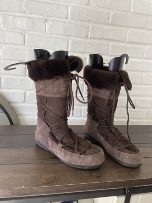 Moon Boots Women Faux Fur Brown Suede Mid Calf Winter Warm