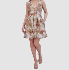Vince Camuto Women's Beige Printed Jacquard Pleated Dress Petite Size 6P