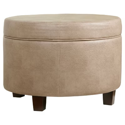 HomePop Round Storage Ottoman Faux Leather Living Room Bedroom Taupe