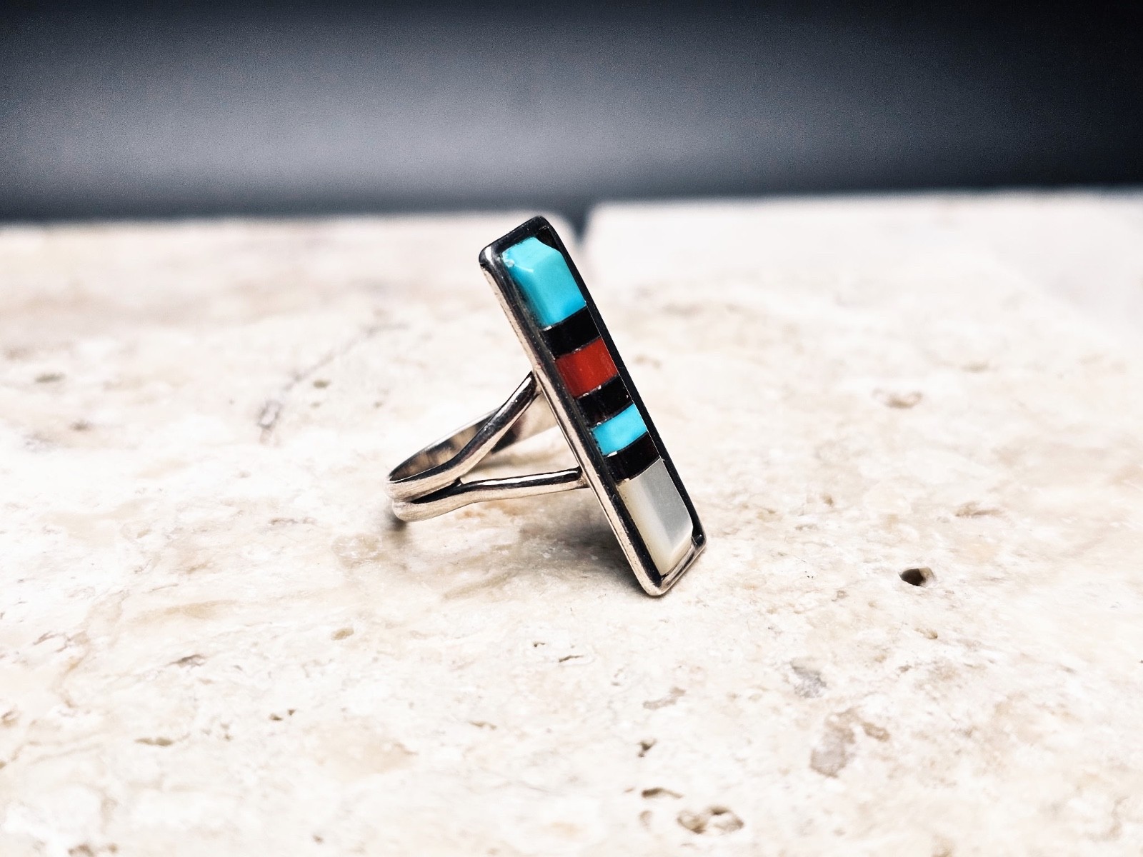 Vintage Zuni Sterling Silver Multi-Stone Inlay Ri… - image 3