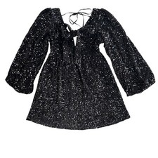 Listicle Women’s S Black Sequin Velvet Long Puff Sl. Tie Front Mini Dress LD1295