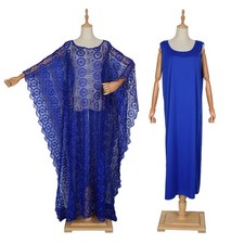 2Piece Sets Abaya Women Bat Sleeve Kaftan Lace African Dashiki Inner Dress Maxi