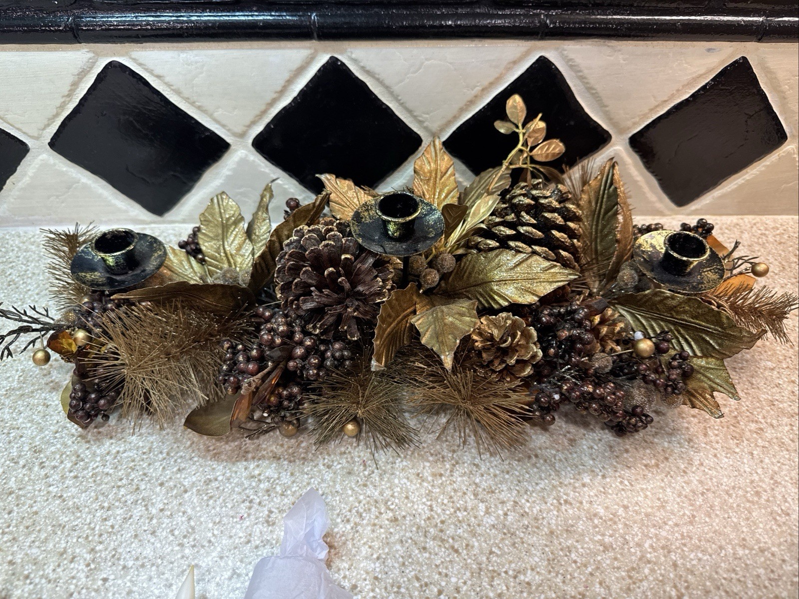 Christmas Candle Holder Table Centerpiece  Sparkly Gold Pinecones & Poinsettias