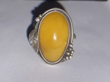 Vintage Sterling Silver Egg Yolk Butterscotch Amber Stone Ring Size 8.5 Estate
