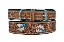 STG Genuine Leather Handmade Brown Floral Tooling Dog Collar Fully Padded Collar