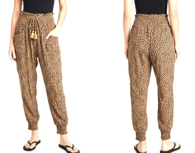Aerie XS P Leopard Smocked Waist Boho Harem Pants Tassel Festival Indie Sleaze