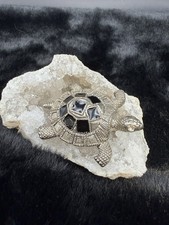 Black Enamel Spots  Rhinestone Turtle Pin Brooch Silver Tone