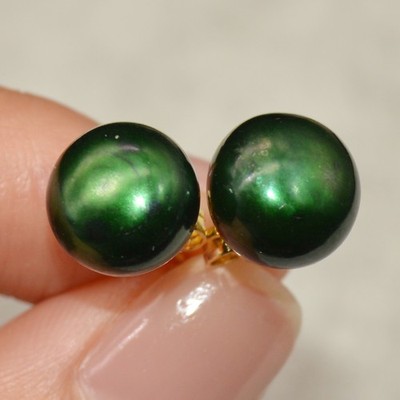 Genuine Natural Peacock Green Akoya Freshwater Pearl Stud Earrings 9-10/10-11mm