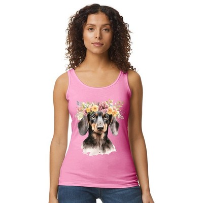 Dackel Blumen Krone Damen Trägershirt Tank Top Wurst Hund Geschenk für Sie